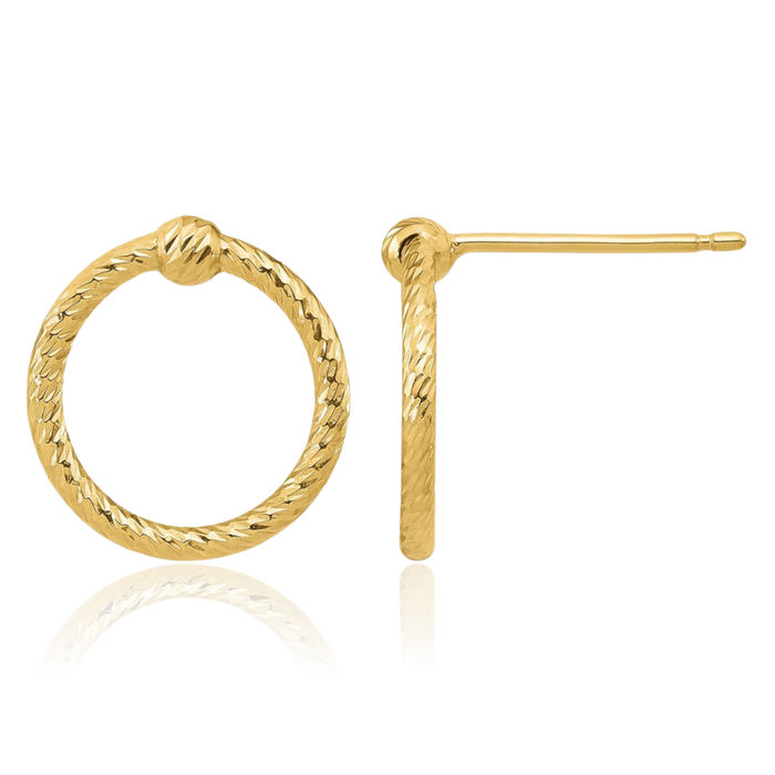 14K Solid Yellow Gold Twisted Circle Round Stud Earrings