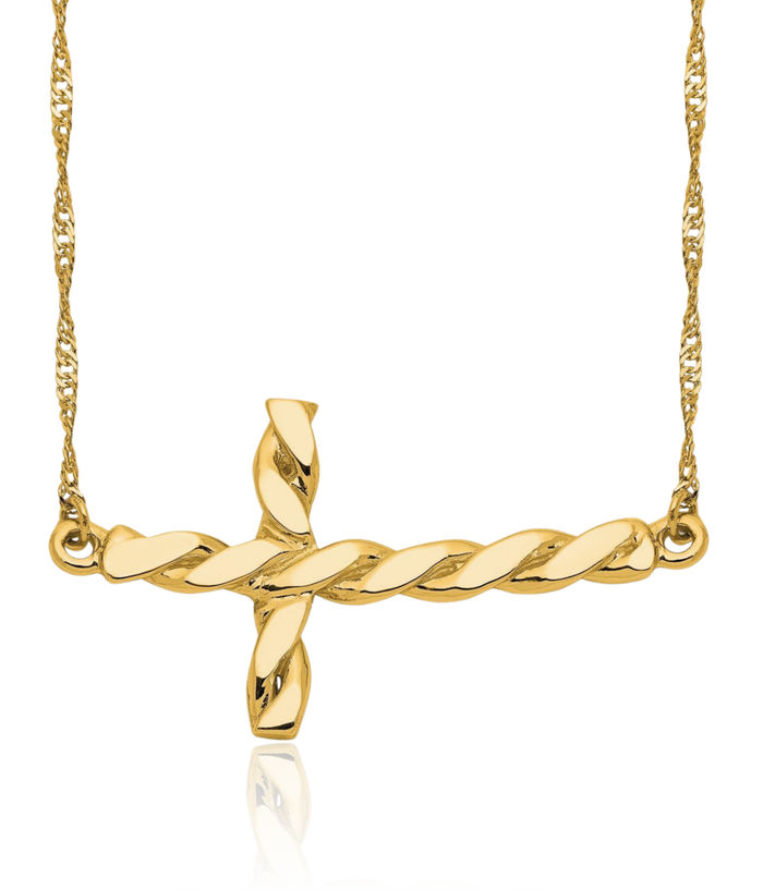 14K Solid Yellow Gold Twisted Sideways Holy Cross Necklace Chain