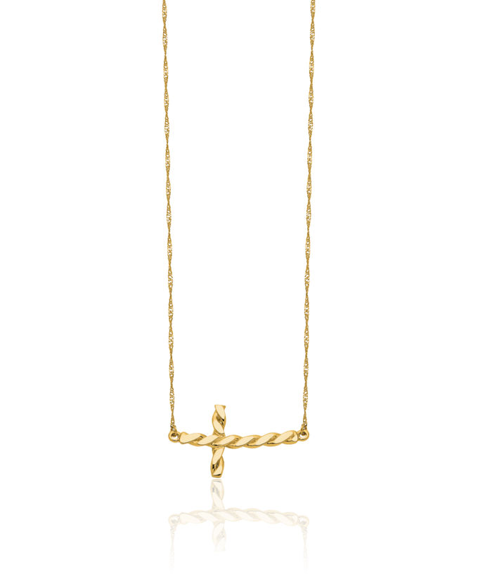 14K Solid Yellow Gold Twisted Sideways Holy Cross Necklace Chain