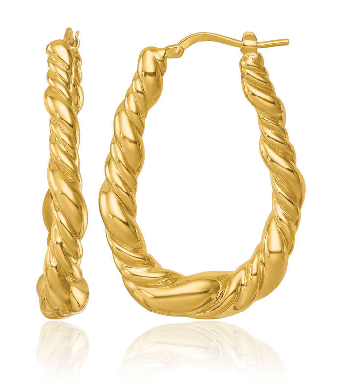 14K Solid Yellow Gold Twisted Teardrop Oval Large Hoop Earrings