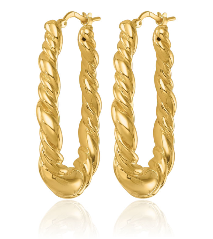 14K Solid Yellow Gold Twisted Teardrop Oval Large Hoop Earrings