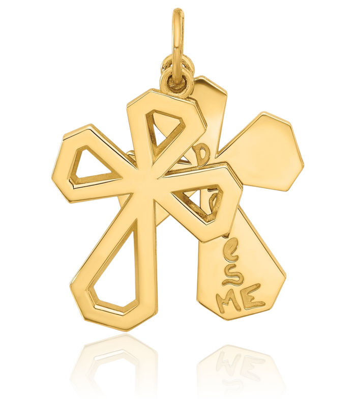 14K Solid Yellow Gold Two Holy Cross God Loves Me Necklace Religious Chain Pendant Jesus Christ Charm