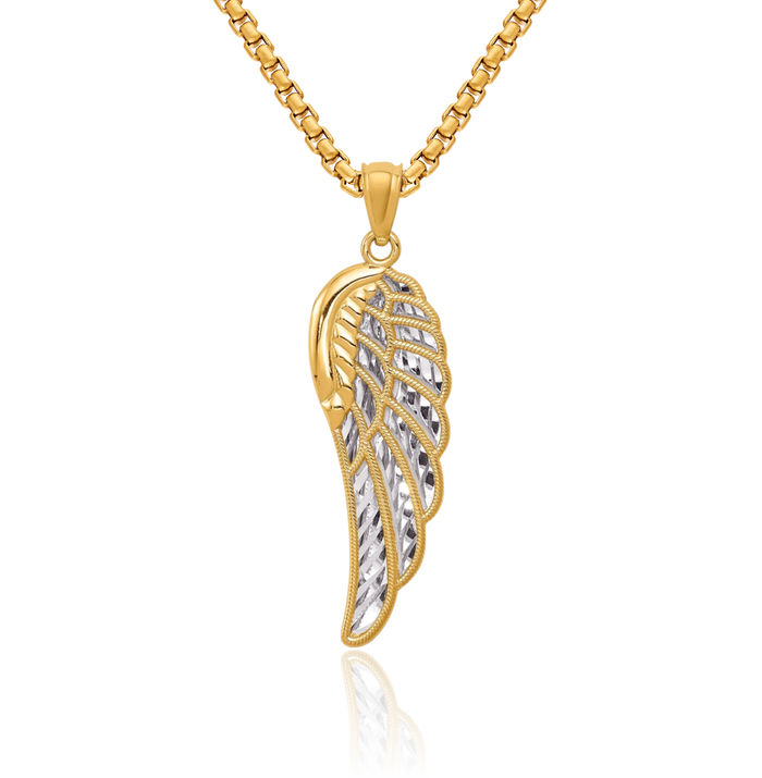 14K Solid Yellow Gold Two Level Guardian Angel Wings Single Wing Necklace Protect Us Cherub Pendant Religious Charm