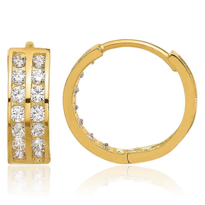 14K Solid Yellow Gold Two Row Cubic Zirconia CZ 4mm Round Huggie Mini Small Hoop Earrings