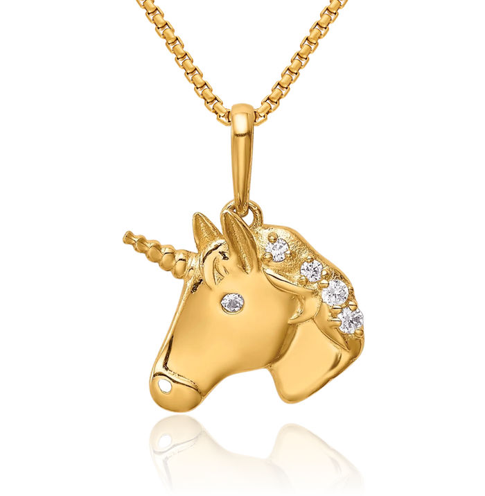 14K Solid Yellow Gold Unicorn Magical Horse Head Cubic Zirconia CZ Necklace Animal Lover Pendant Equestrian Charm