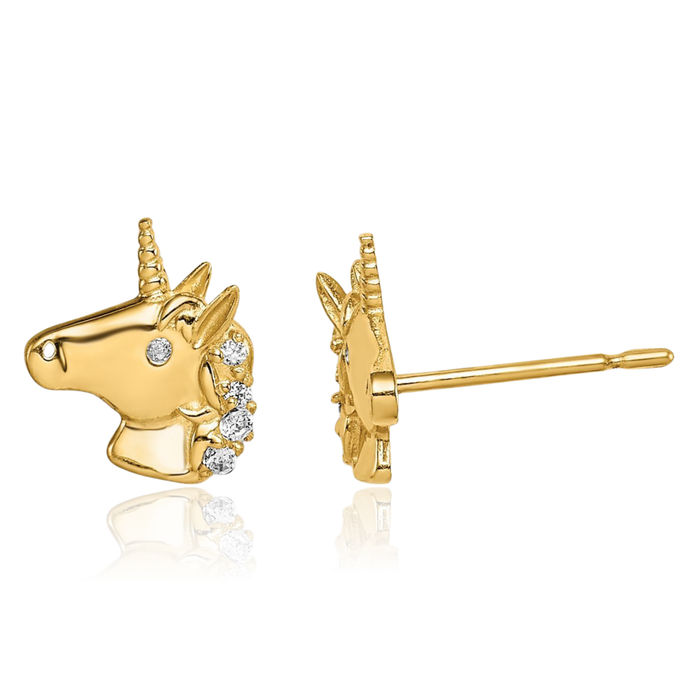 14K Solid Yellow Gold Unicorn Magical Horse Head Cubic Zirconia CZ Studs Animal Lover Equestrian Earrings