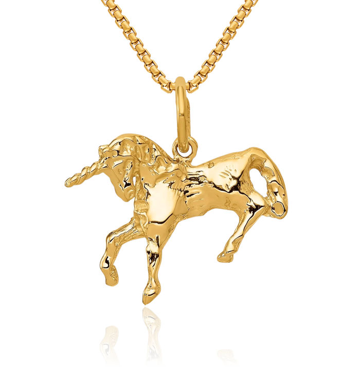 14K Solid Yellow Gold Unicorn Magical Horse Head Necklace Animal Lover Pendant Equestrian Charm