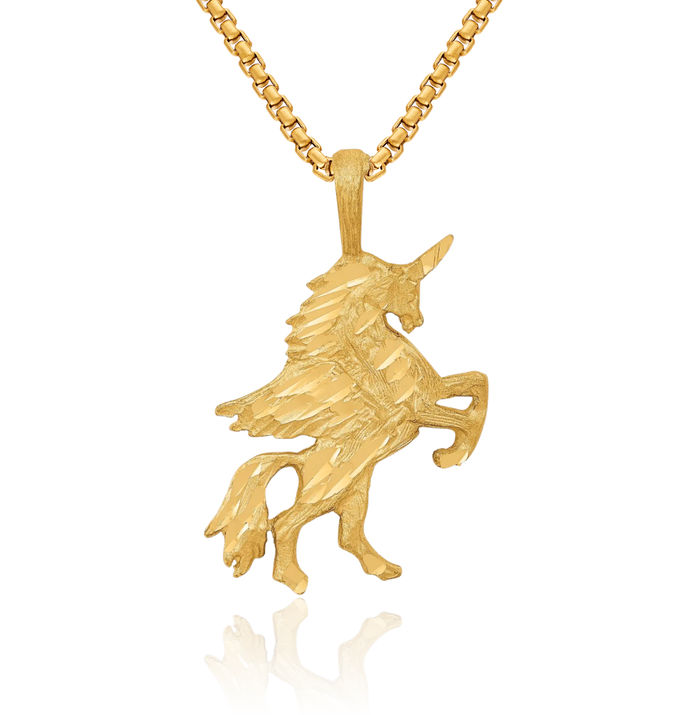 14K Solid Yellow Gold Unicorn Magical Horse Head Necklace Animal Lover Pendant Equestrian Charm