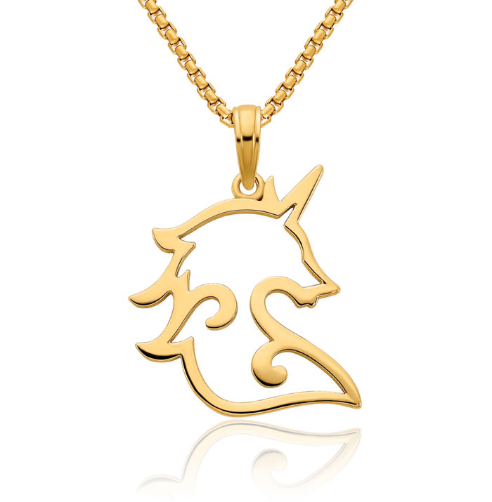 14K Solid Yellow Gold Unicorn Magical Horse Head Necklace Animal Lover Pendant Equestrian Charm