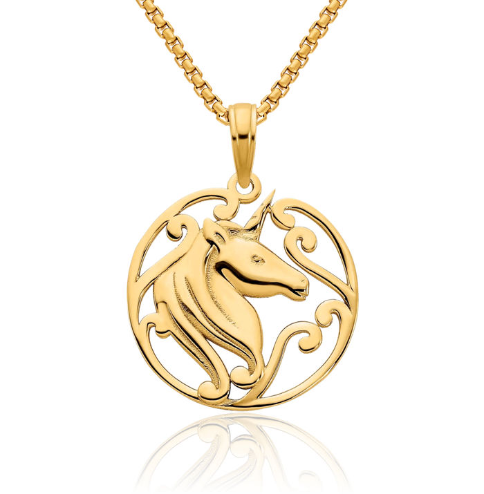 14K Solid Yellow Gold Unicorn Magical Horse Head Necklace Animal Lover Pendant Equestrian Charm