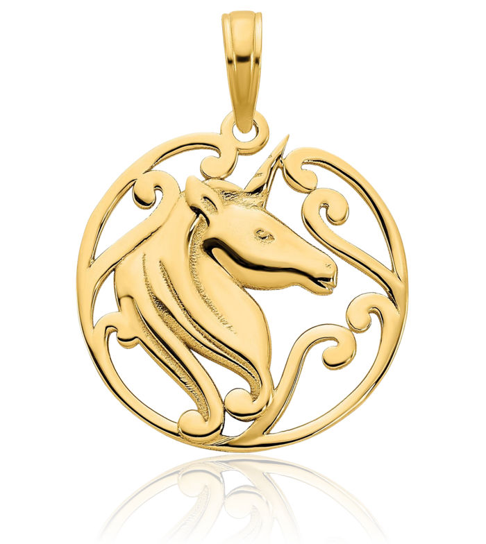 14K Solid Yellow Gold Unicorn Magical Horse Head Necklace Animal Lover Pendant Equestrian Charm