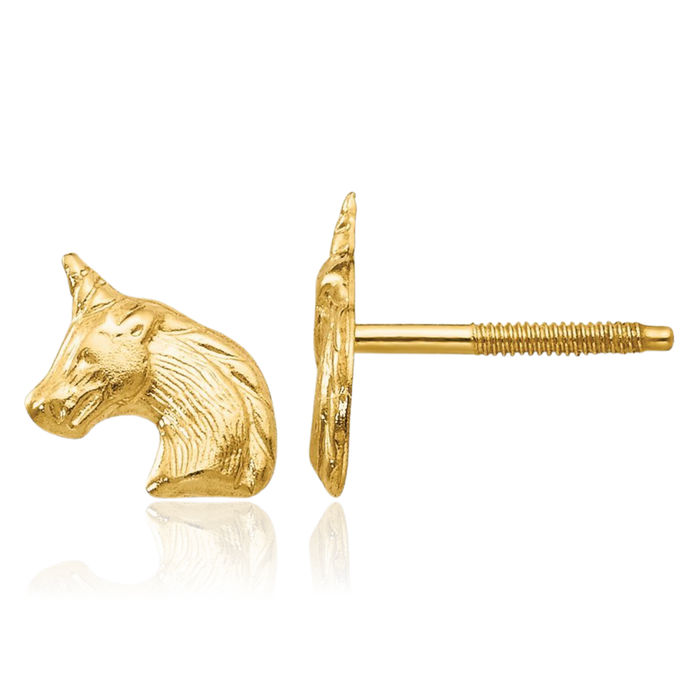 14K Solid Yellow Gold Unicorn Magical Horse Head Studs Animal Lover Earrings Equestrian Jewelry