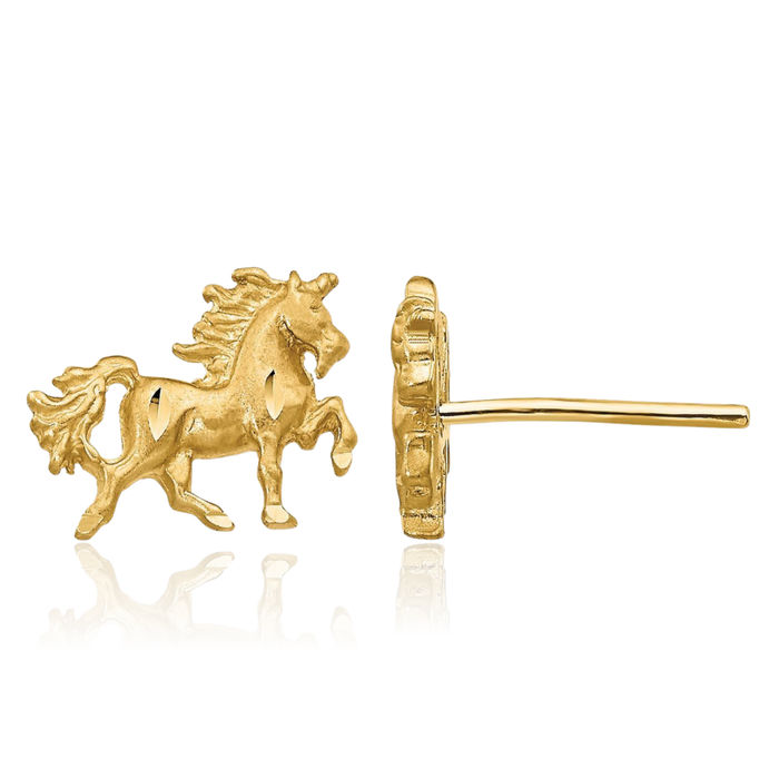 14K Solid Yellow Gold Unicorn Magical Horse Head Studs Animal Lover Equestrian Earrings