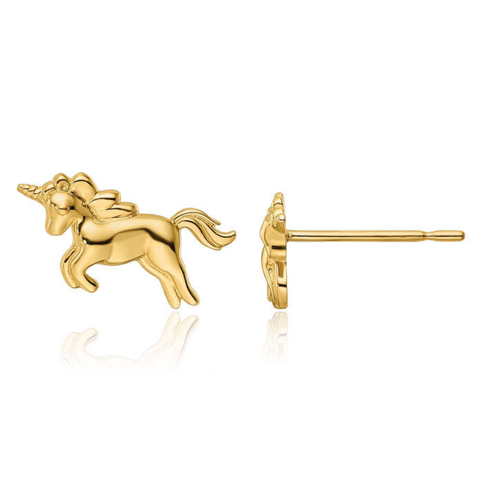 14K Solid Yellow Gold Unicorn Magical Horse Head Studs Animal Lover Earrings Equestrian Jewelry