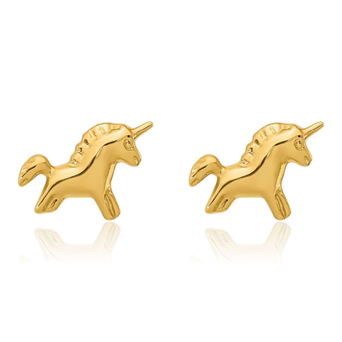 14K Solid Yellow Gold Unicorn Magical Horse Head Studs Animal Lover Earrings Equestrian Jewelry