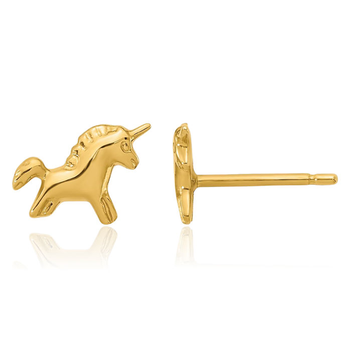 14K Solid Yellow Gold Unicorn Magical Horse Head Studs Animal Lover Earrings Equestrian Jewelry