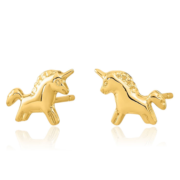 14K Solid Yellow Gold Unicorn Magical Horse Head Studs Animal Lover Earrings Equestrian Jewelry