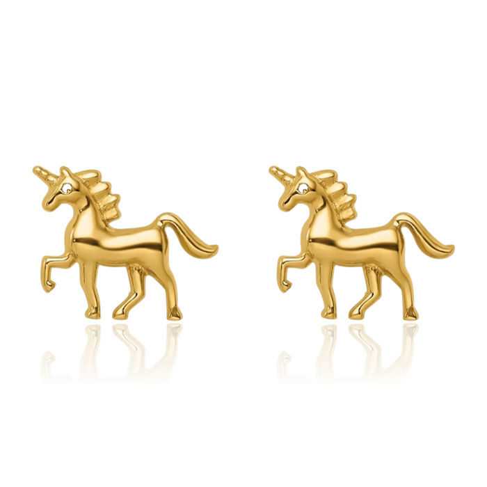 14K Solid Yellow Gold Unicorn Magical Horse Head Studs Animal Lover Earrings Equestrian Jewelry