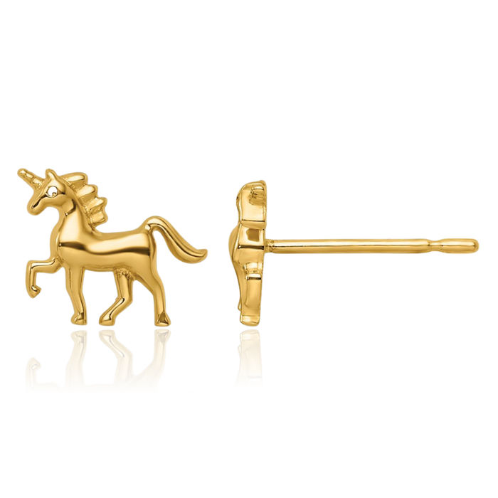 14K Solid Yellow Gold Unicorn Magical Horse Head Studs Animal Lover Earrings Equestrian Jewelry