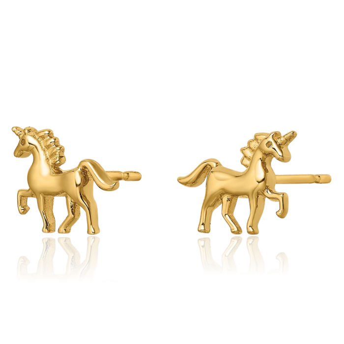 14K Solid Yellow Gold Unicorn Magical Horse Head Studs Animal Lover Earrings Equestrian Jewelry