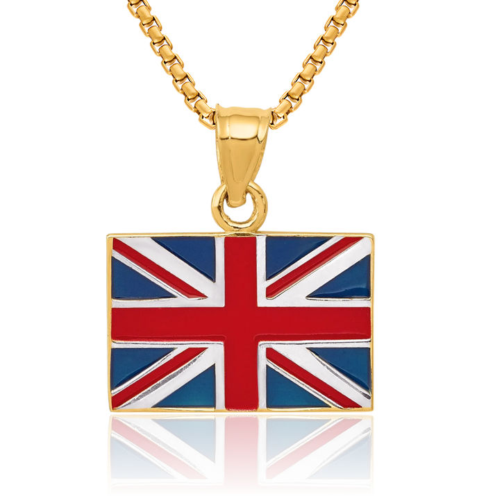 14K Solid Yellow Gold United Kingdom Flag Necklace Chain Pendant Charm