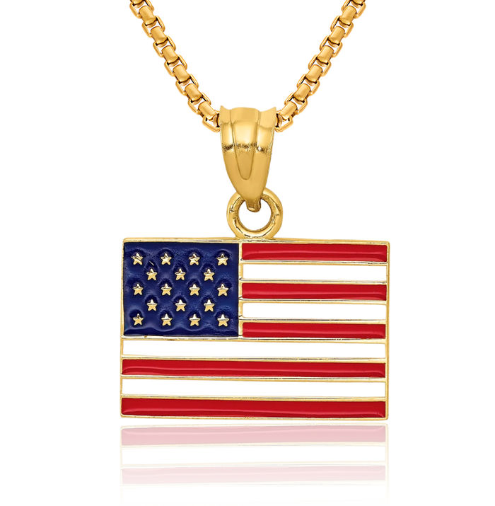 14K Solid Yellow Gold United States Flag Necklace Chain Pendant Charm