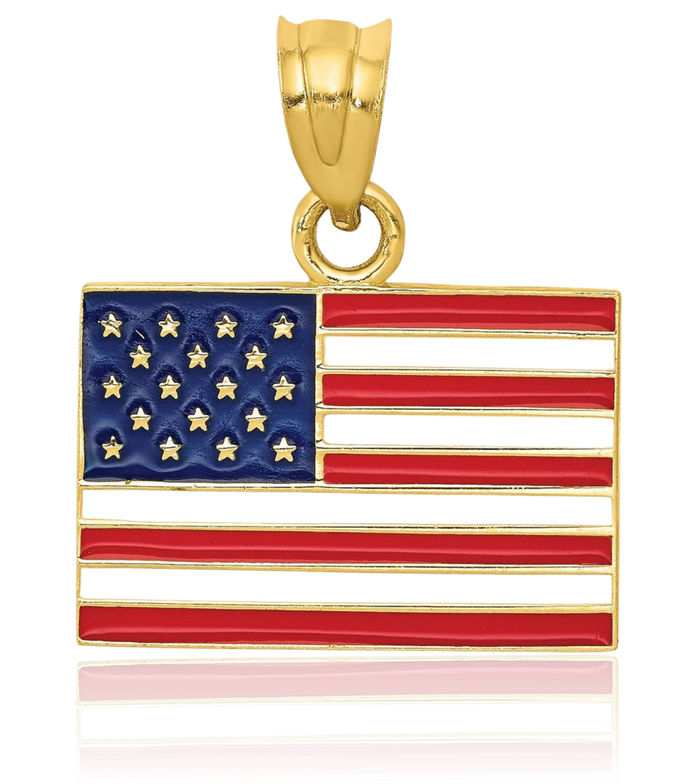 14K Solid Yellow Gold United States Flag Necklace Chain Pendant Charm