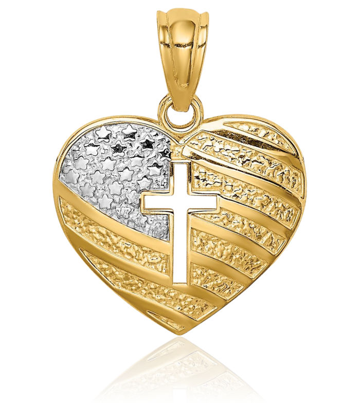 14K Solid Yellow Gold Us Flag Holy Cross Heart Necklace Religious Chain Pendant Jesus Christ Charm