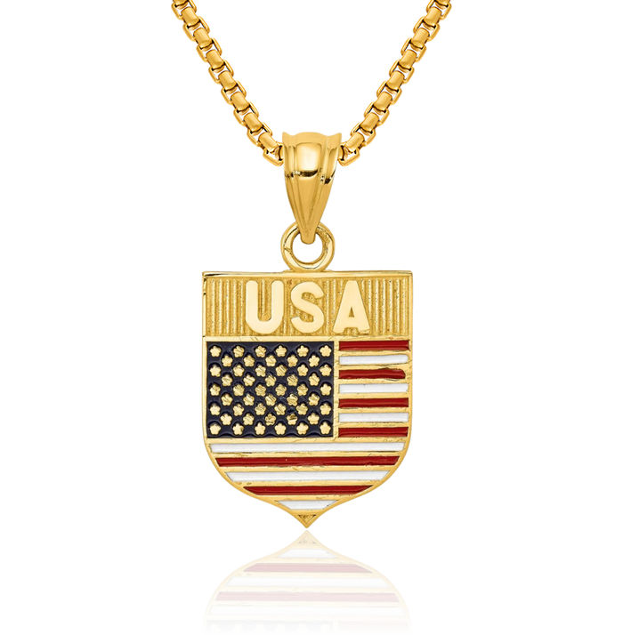 14K Solid Yellow Gold Usa Flag Necklace Chain Pendant Charm