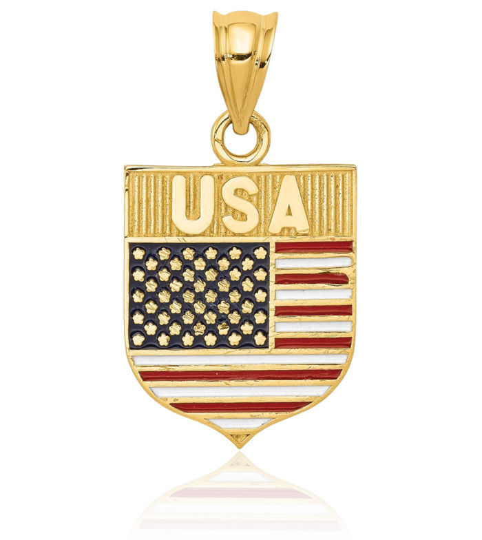 14K Solid Yellow Gold Usa Flag Necklace Chain Pendant Charm