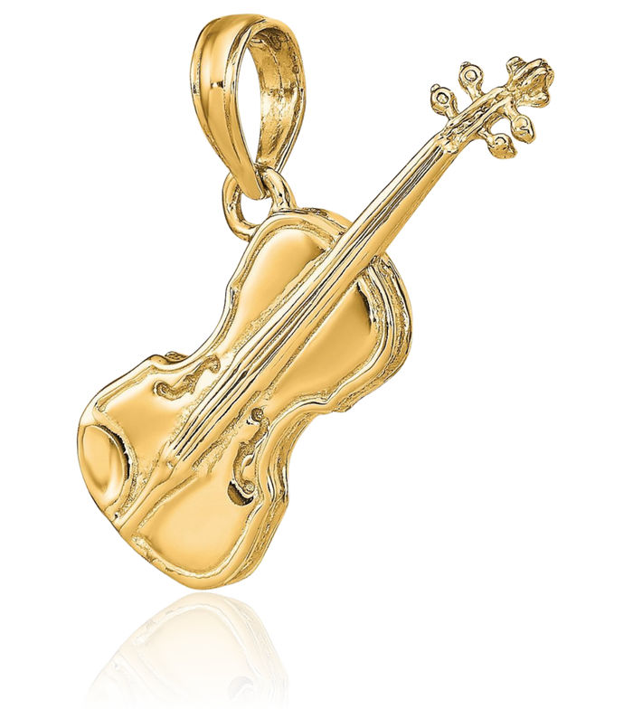 14K Solid Yellow Gold Violin Necklace Chain Pendant Charm