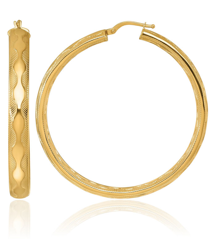 14K Solid Yellow Gold Wavy 5.5x48mm Round Large Hoop Earrings