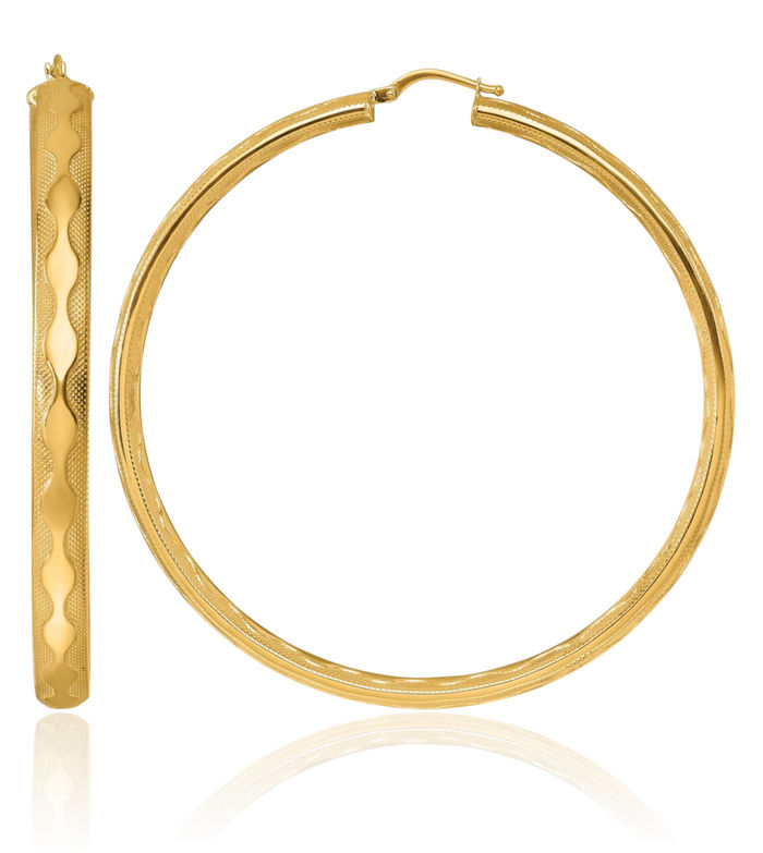 14K Solid Yellow Gold Wavy 5.5x65mm Round Large Hoop Earrings