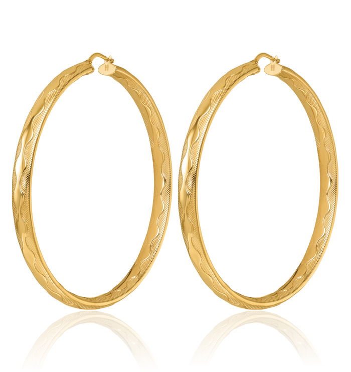 14K Solid Yellow Gold Wavy 5.5x65mm Round Large Hoop Earrings