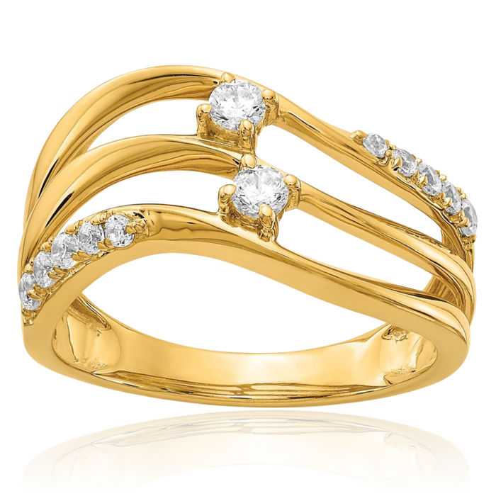 14K Solid Yellow Gold Wavy Diamond Ring