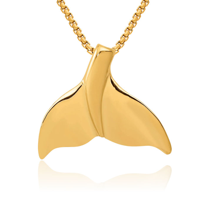 14K Solid Yellow Gold Whale Tail Fish Mermaid Floating Chain Slide Pendant Necklace Charm