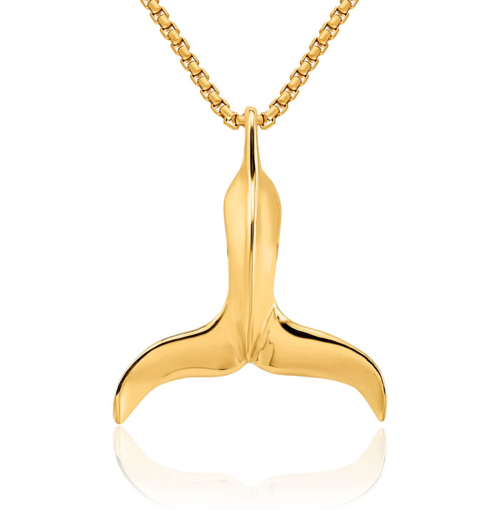 14K Solid Yellow Gold Whale Tail Fish Mermaid Floating Chain Slide Pendant Necklace Charm