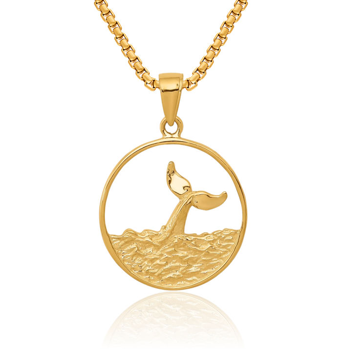 14K Solid Yellow Gold Whale Tail Fish Mermaid Circle Round Waves Necklace Chain Pendant Charm