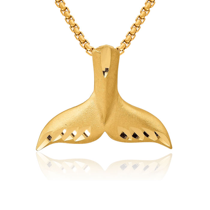 14K Solid Yellow Gold Whale Tail Fish Mermaid Slide Chain Necklace Pendant Charm