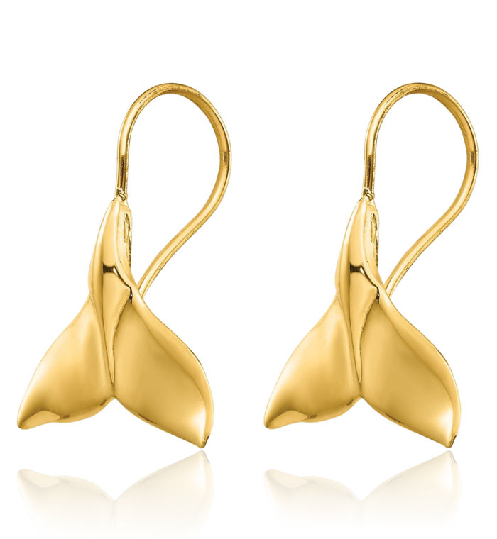 [wingbling] 14K Gold☆Nelly whale-tailed earrings 14K Solid Yellow Gold Whale Tail Fish Mermaid Wire Dangle