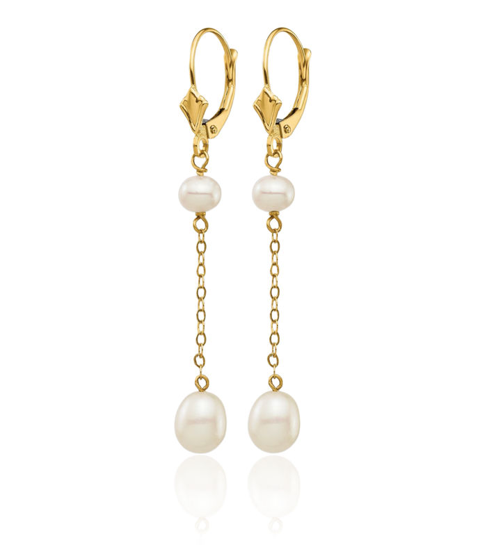 14K Solid Yellow Gold 5 7mm White Rice Round Freshwater Cultured Pearl Drop Dangle Earrings Gemstone