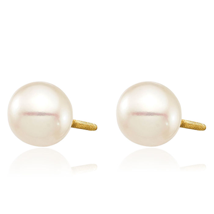 14K Solid Yellow Gold 6 7 White Round Freshwater Cultured Pearl Screw Back Stud Earrings