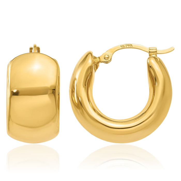 14K Solid Yellow Gold Wide Small Hoop Earrings