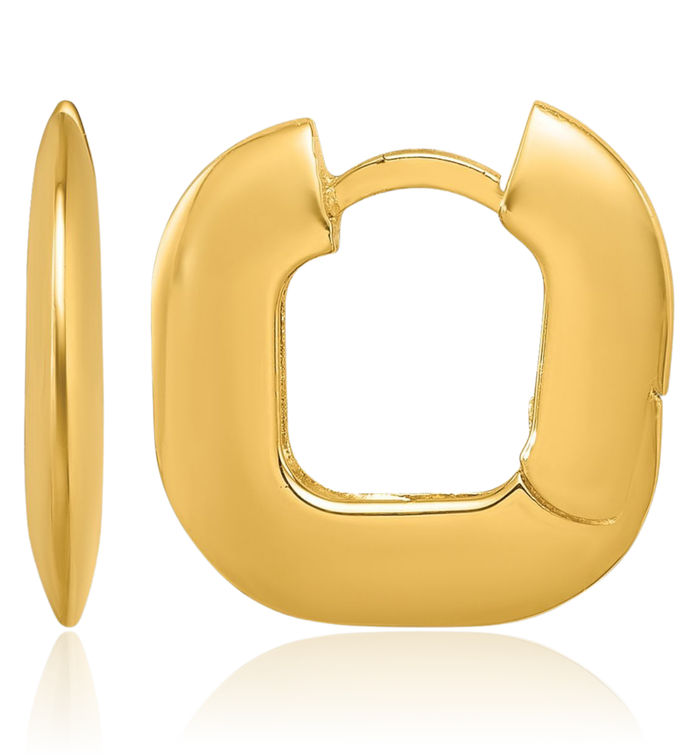 14K Solid Yellow Gold Wide Square Huggie Small Hoop Earrings