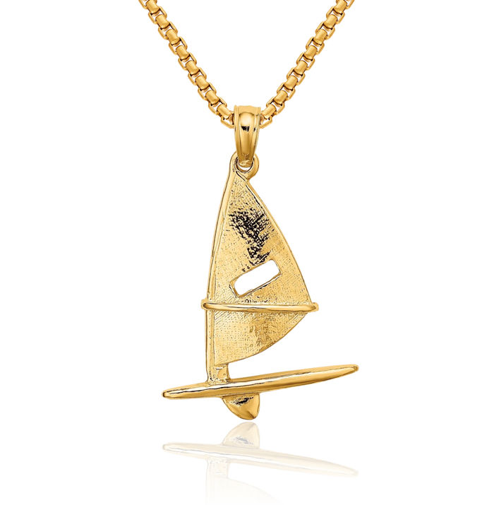 14K Solid Yellow Gold Windsail Surfing Board Necklace Swimming Water Seashore Beach Life Charm Sports Pendant