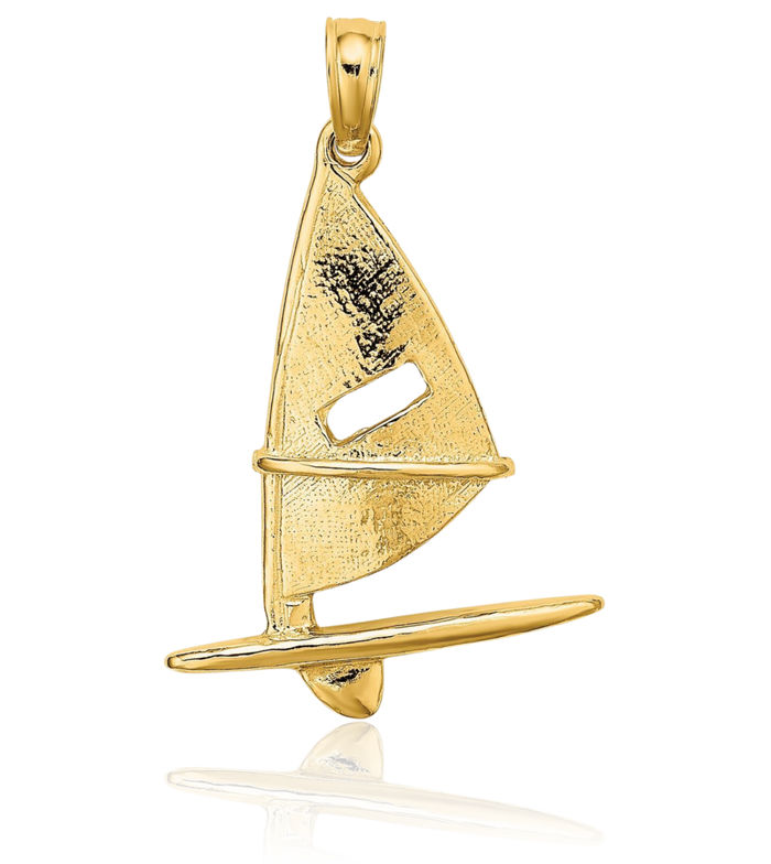 14K Solid Yellow Gold Windsail Surfing Board Necklace Swimming Water Seashore Beach Life Charm Sports Pendant