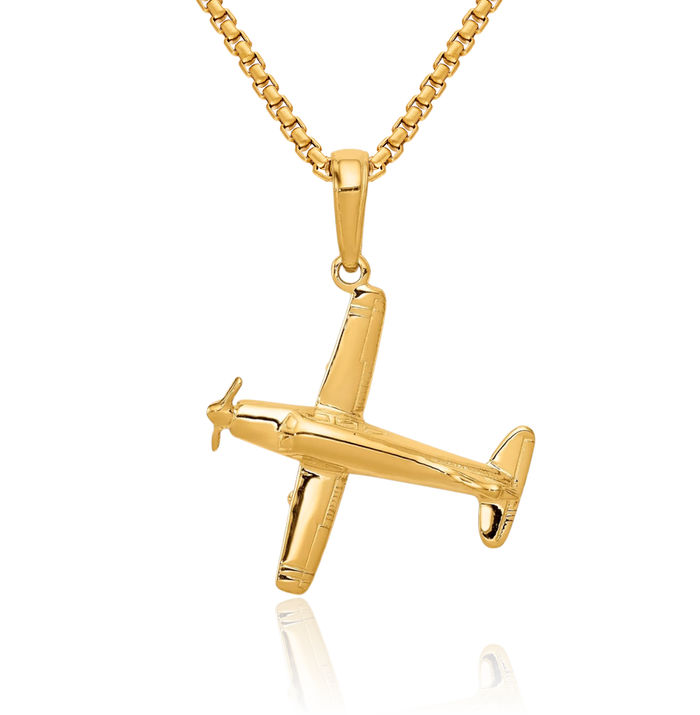 14K Solid Yellow Gold Wing Airplane Necklace Chain Pendant Charm