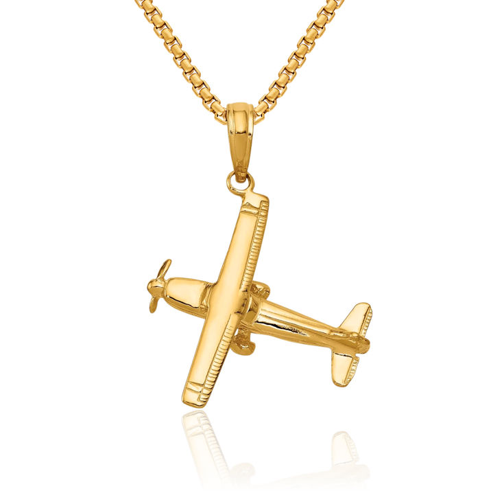 14K Solid Yellow Gold Wing Airplane Necklace Chain Pendant Charm