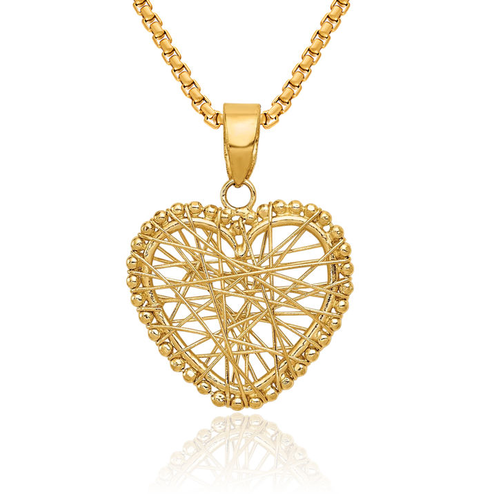 14K Solid Yellow Gold Wire Heart Necklace Love Pendant Charm