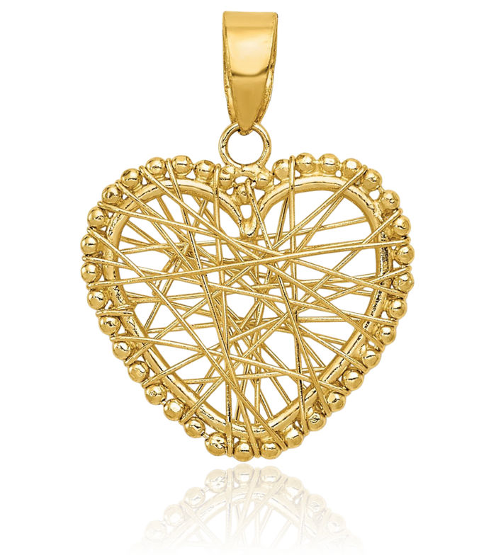 14K Solid Yellow Gold Wire Heart Necklace Love Pendant Charm